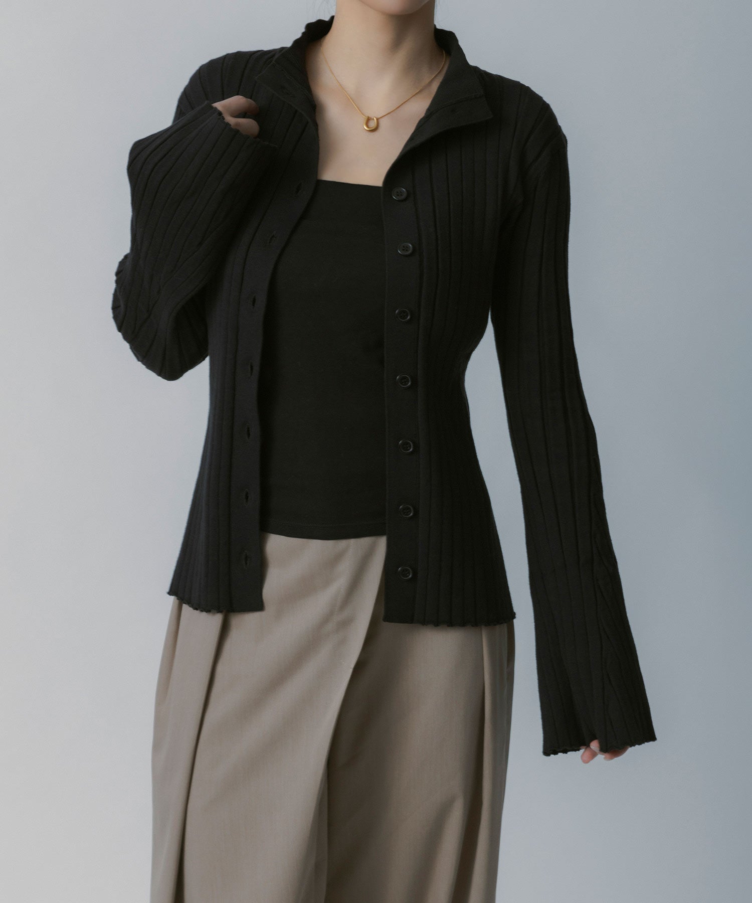 モックネック リブニットカーディガン