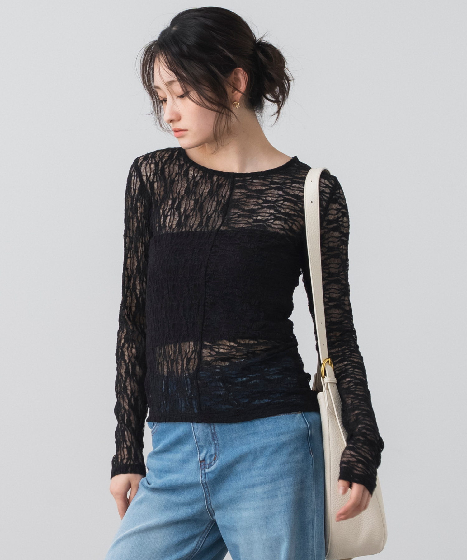 ストレッチシアーレース長袖トップス
