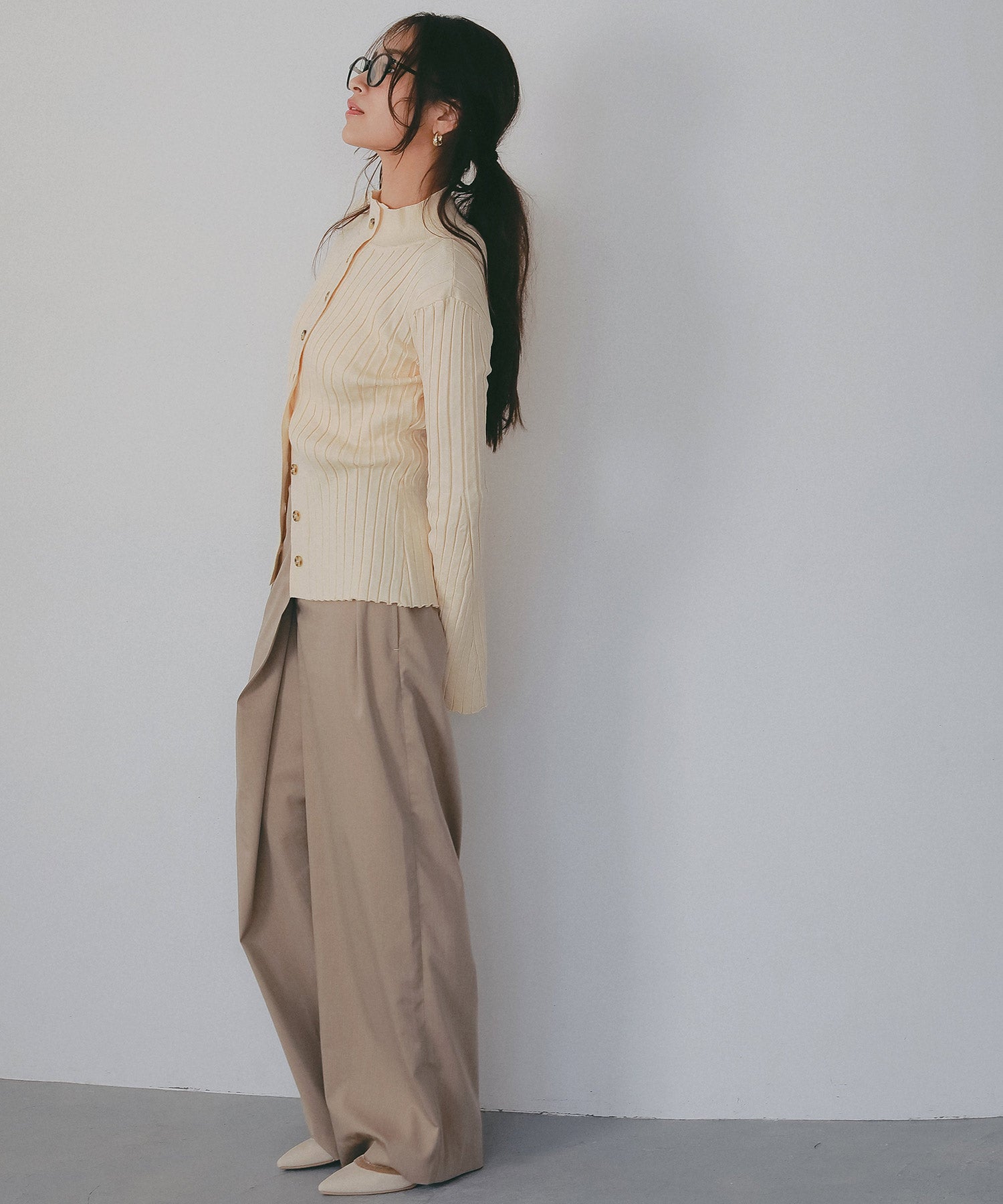 モックネック リブニットカーディガン