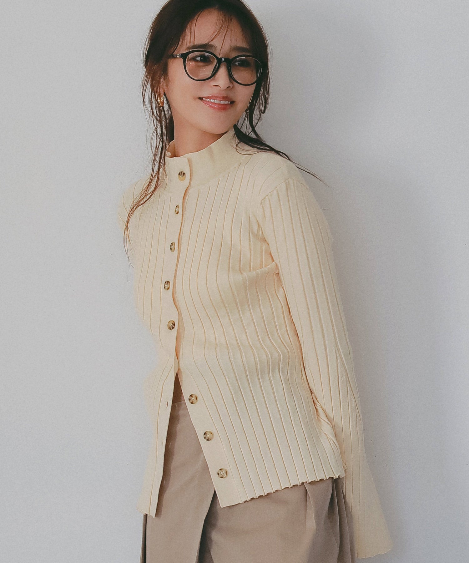 モックネック リブニットカーディガン