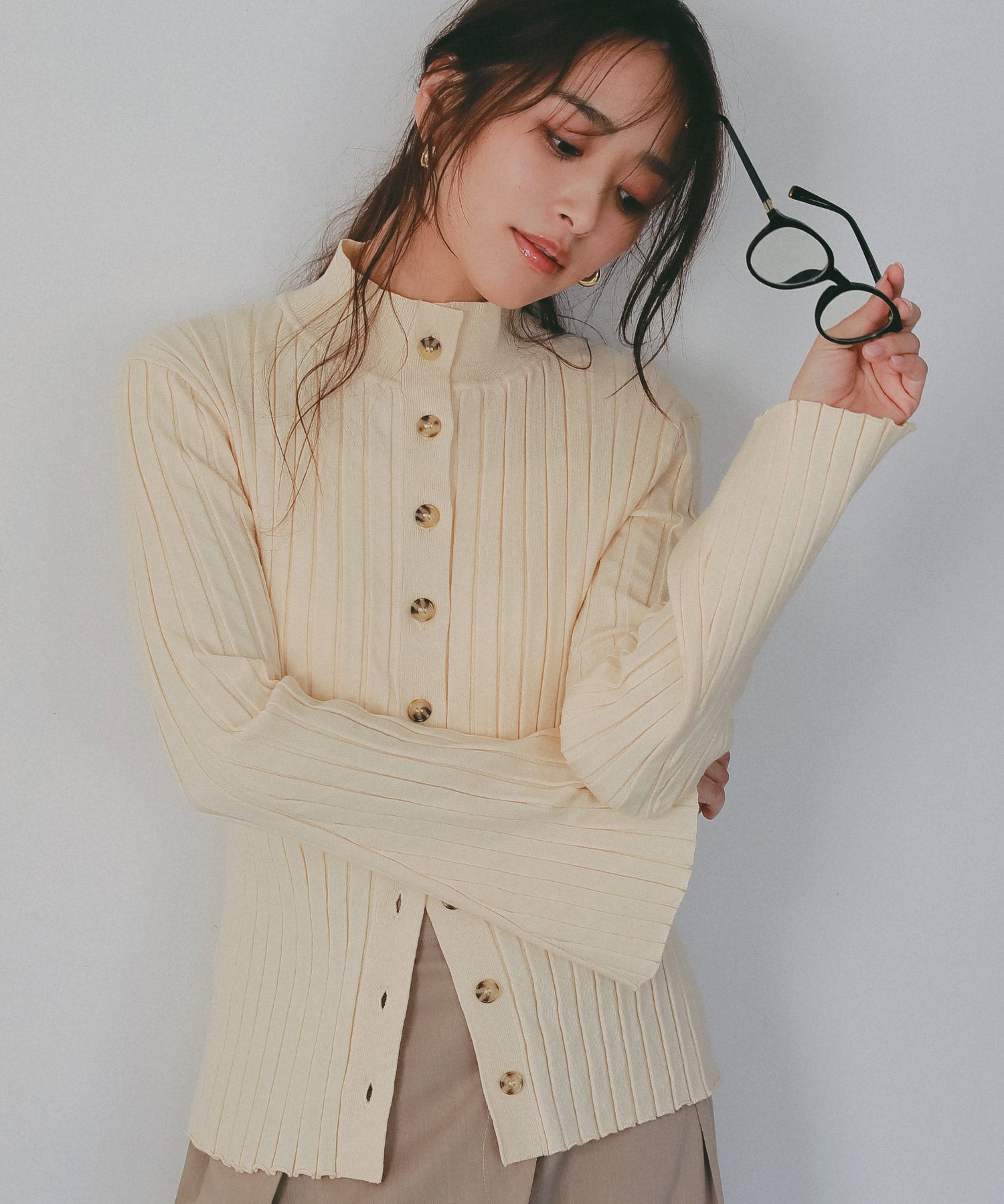 モックネック リブニットカーディガン