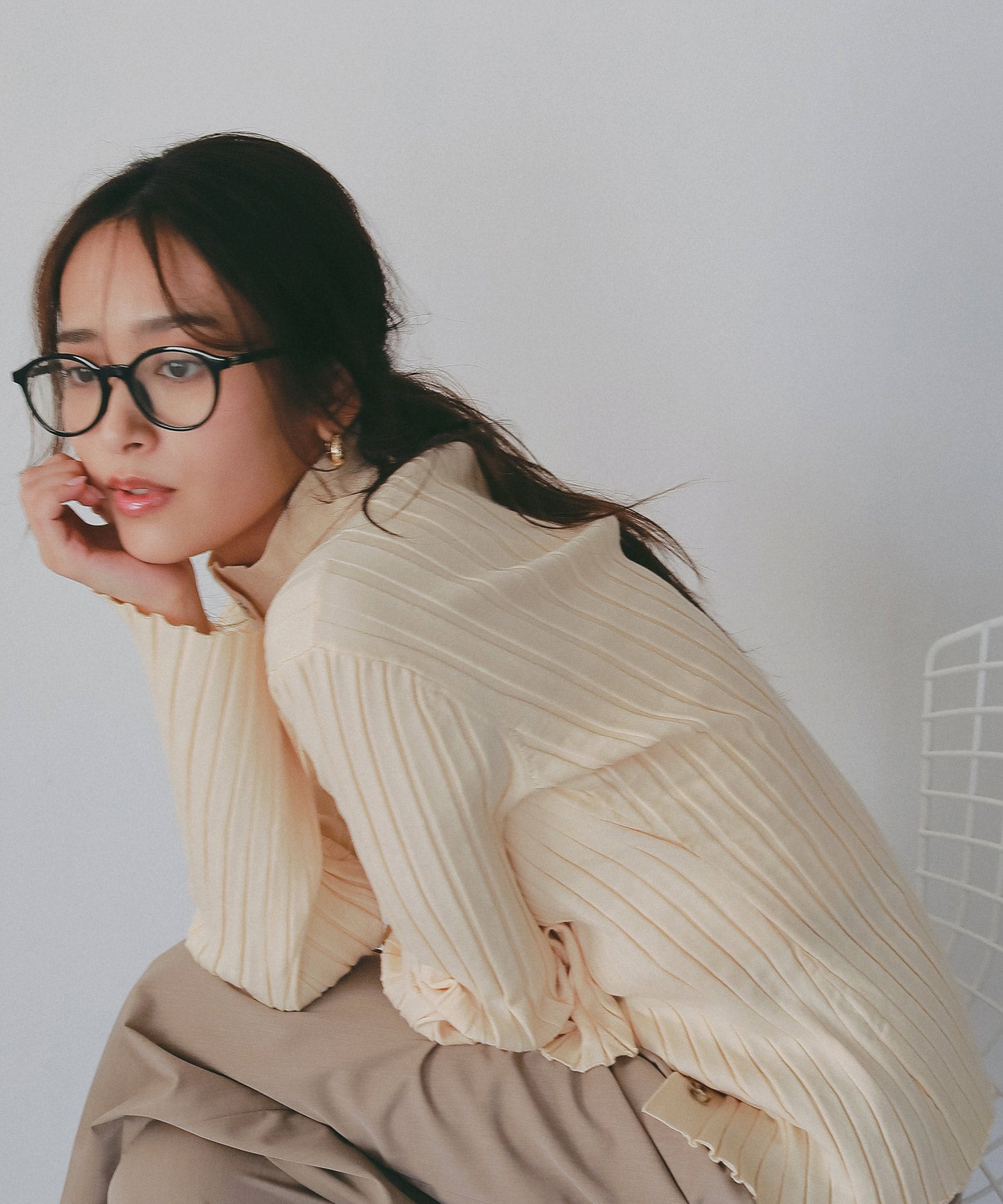 モックネック リブニットカーディガン