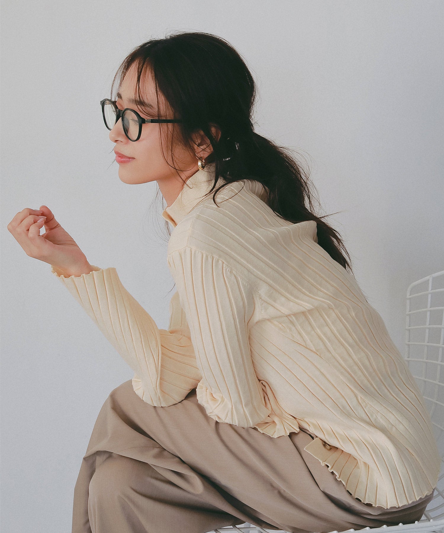 モックネック リブニットカーディガン