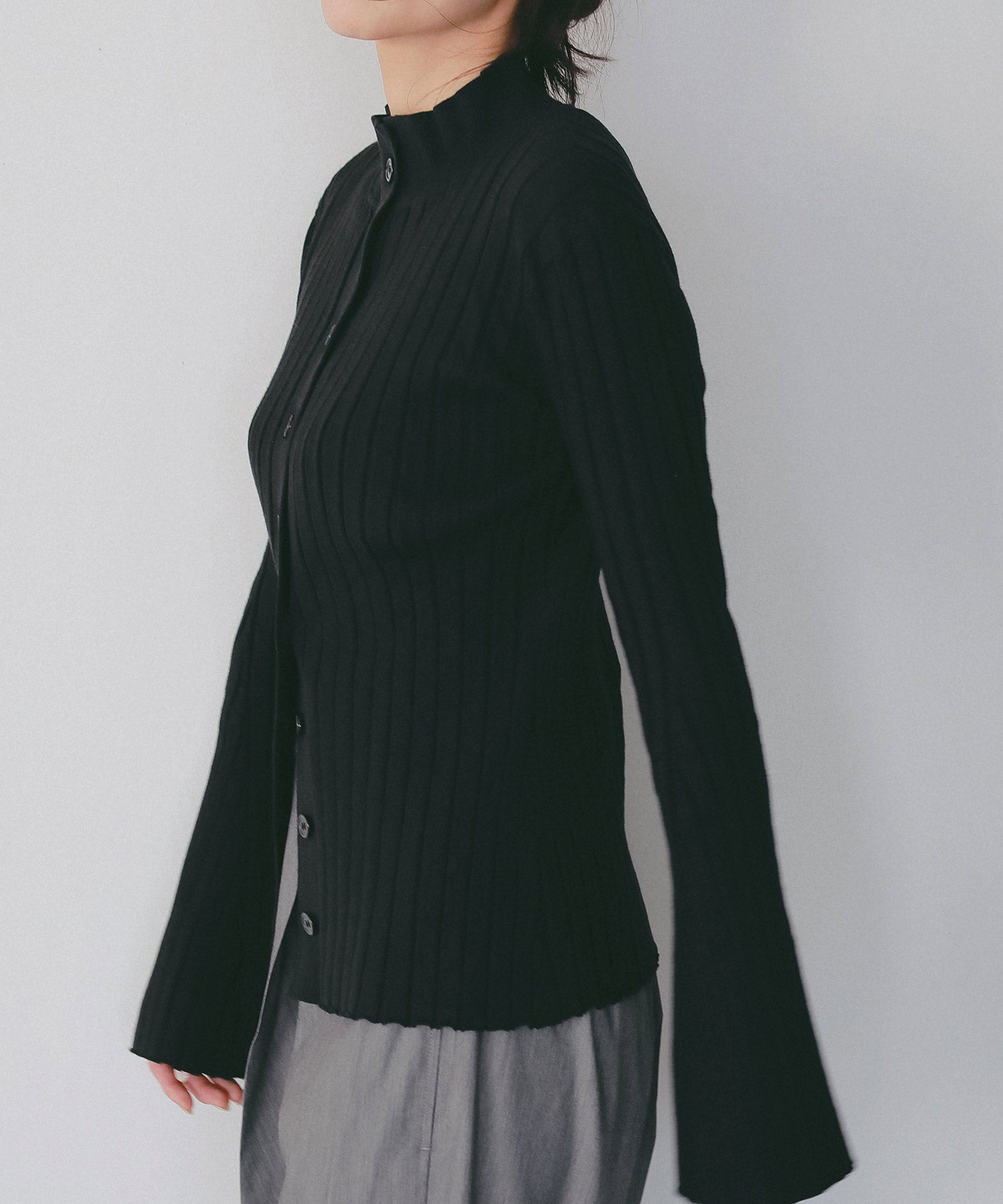 モックネック リブニットカーディガン