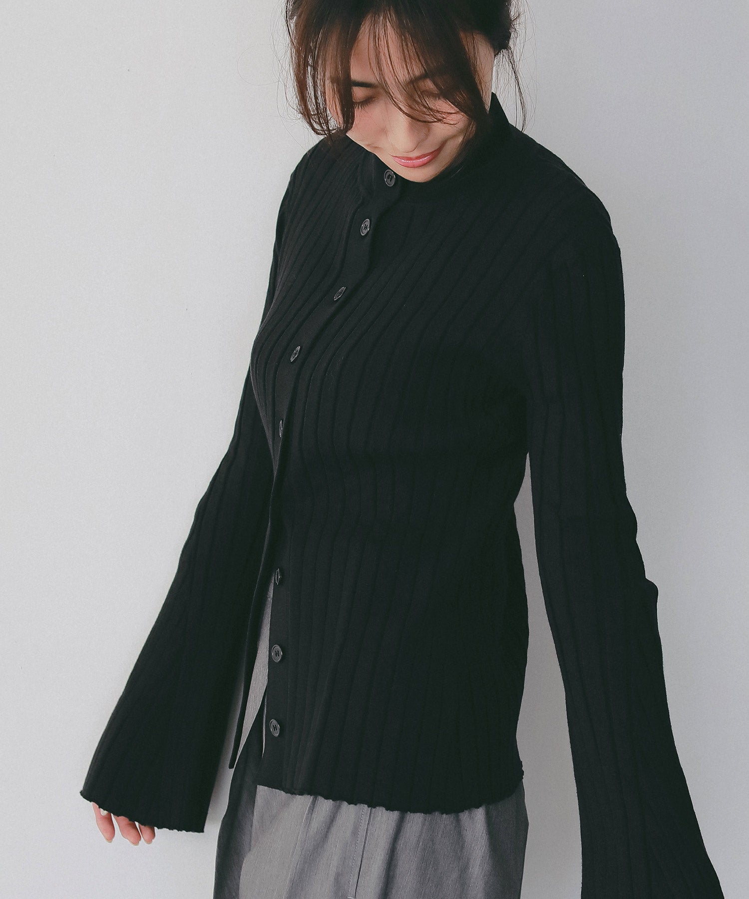 モックネック リブニットカーディガン