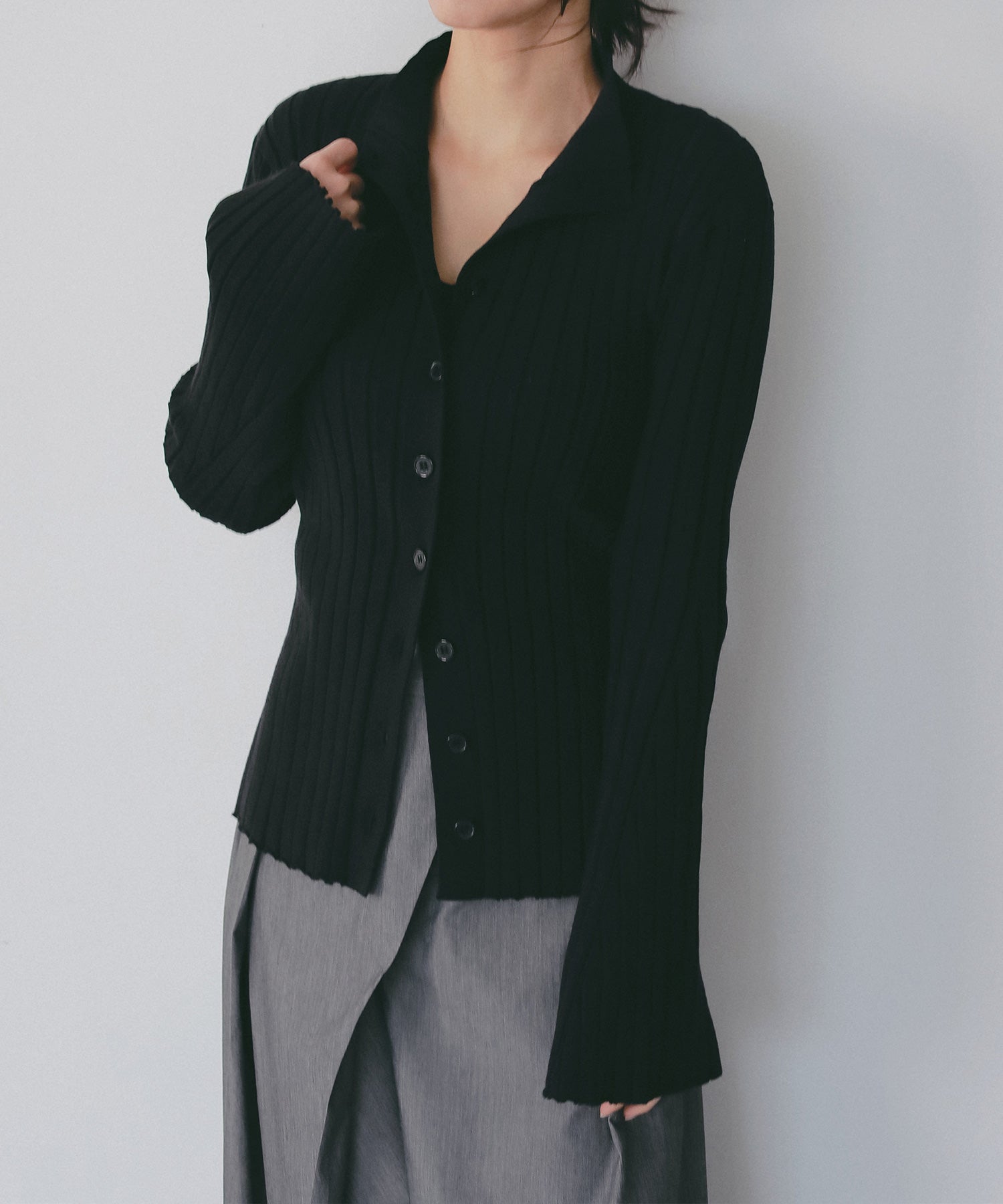 モックネック リブニットカーディガン