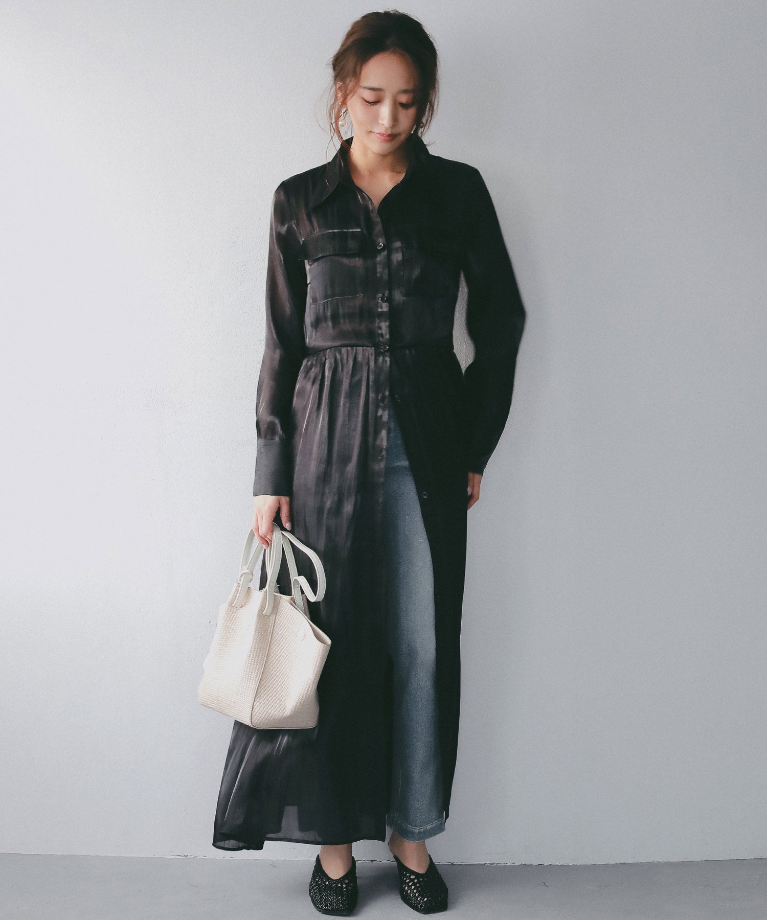 2WAY光沢シアーシャツワンピース