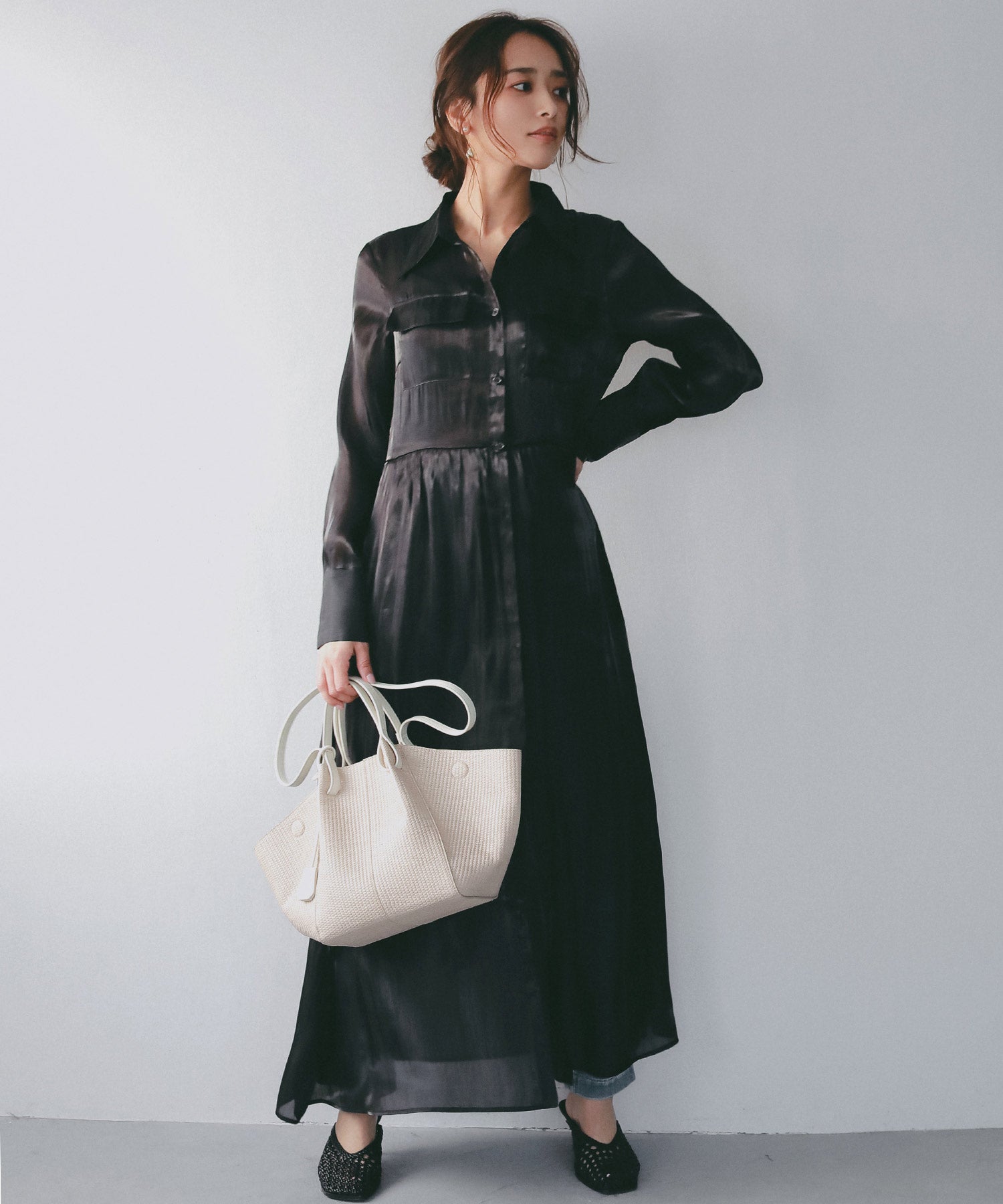 2WAY光沢シアーシャツワンピース