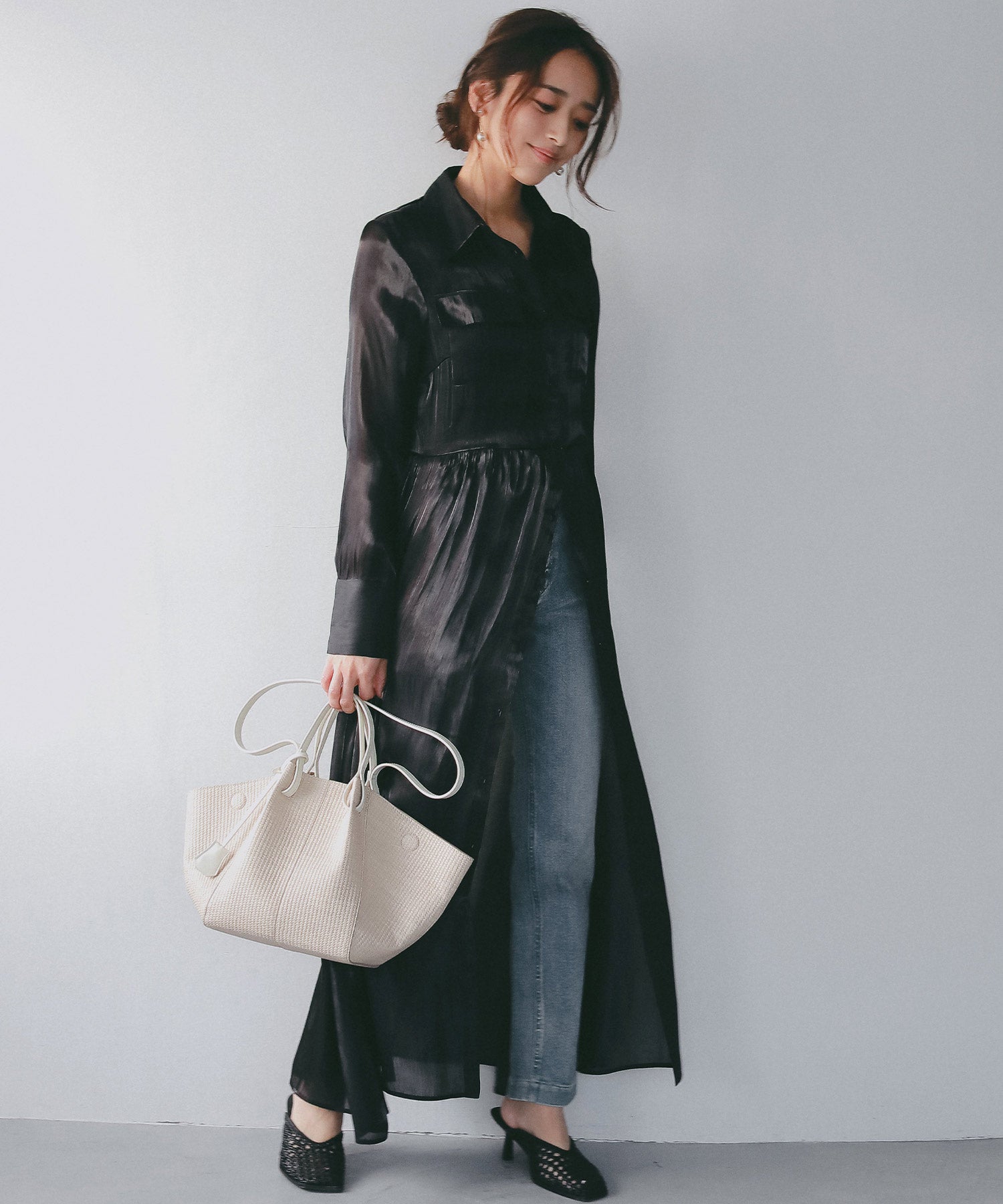 2WAY光沢シアーシャツワンピース