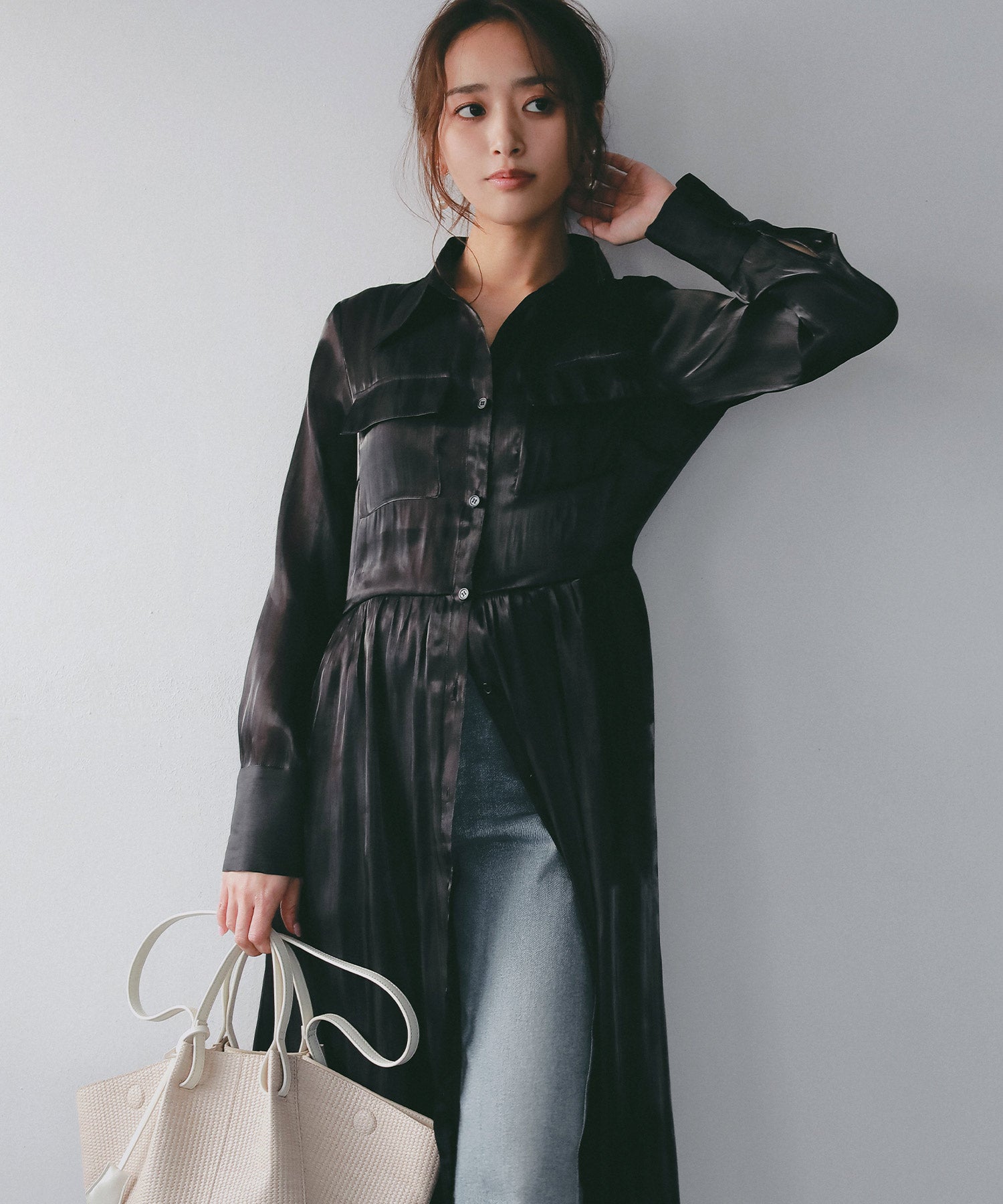 2WAY光沢シアーシャツワンピース