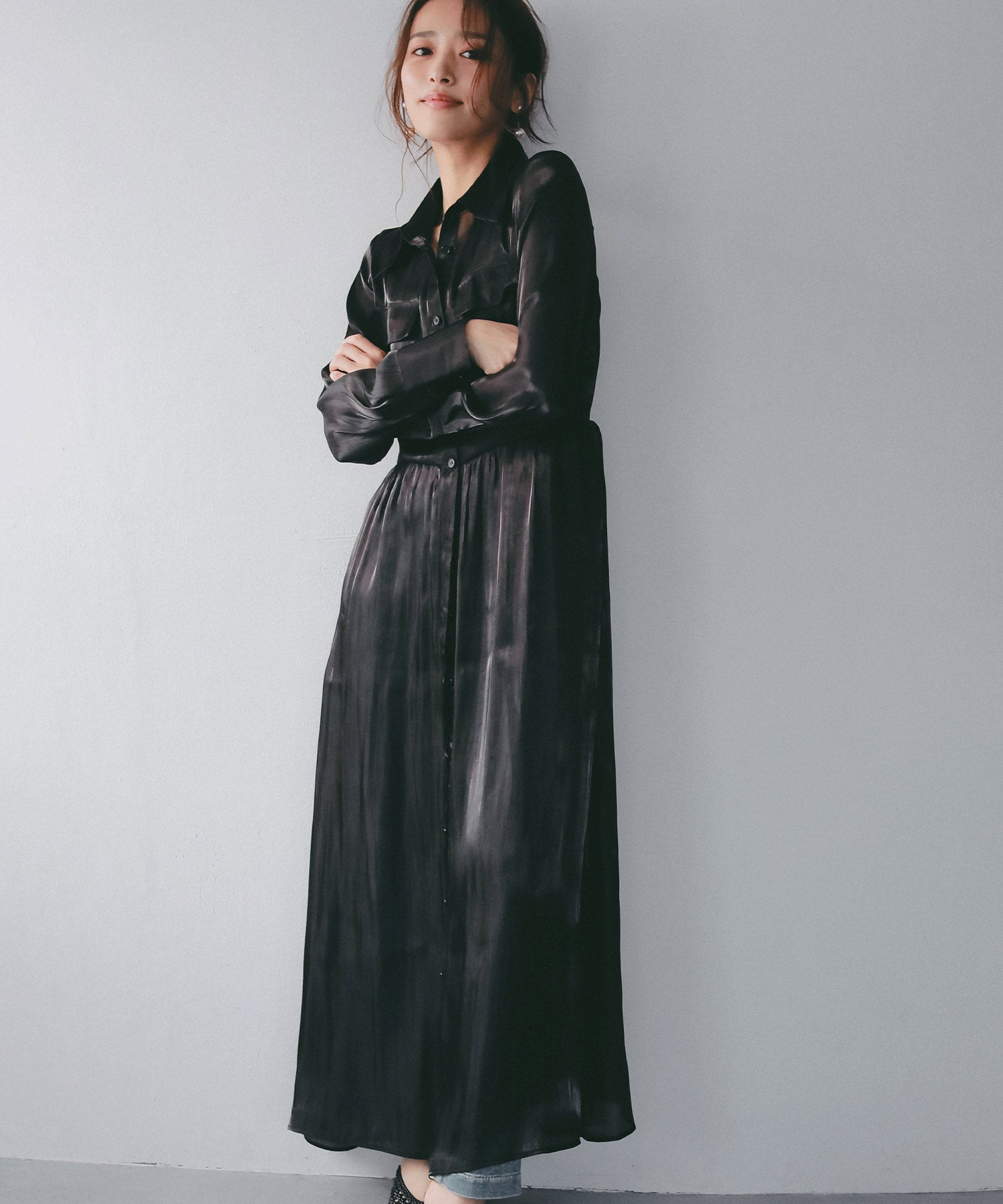 2WAY光沢シアーシャツワンピース