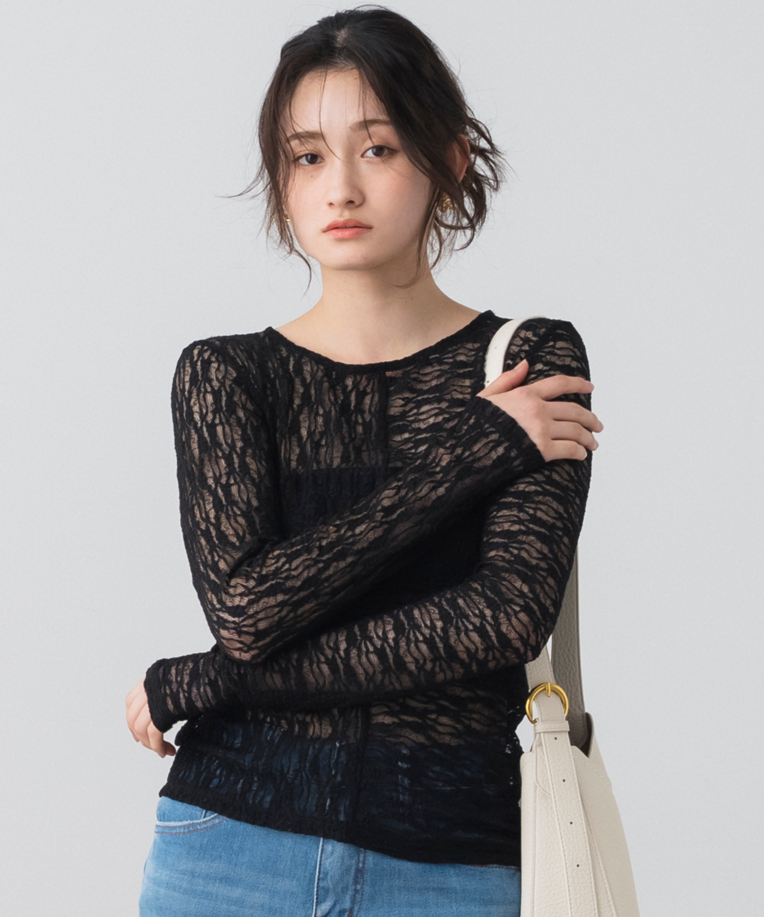ストレッチシアーレース長袖トップス