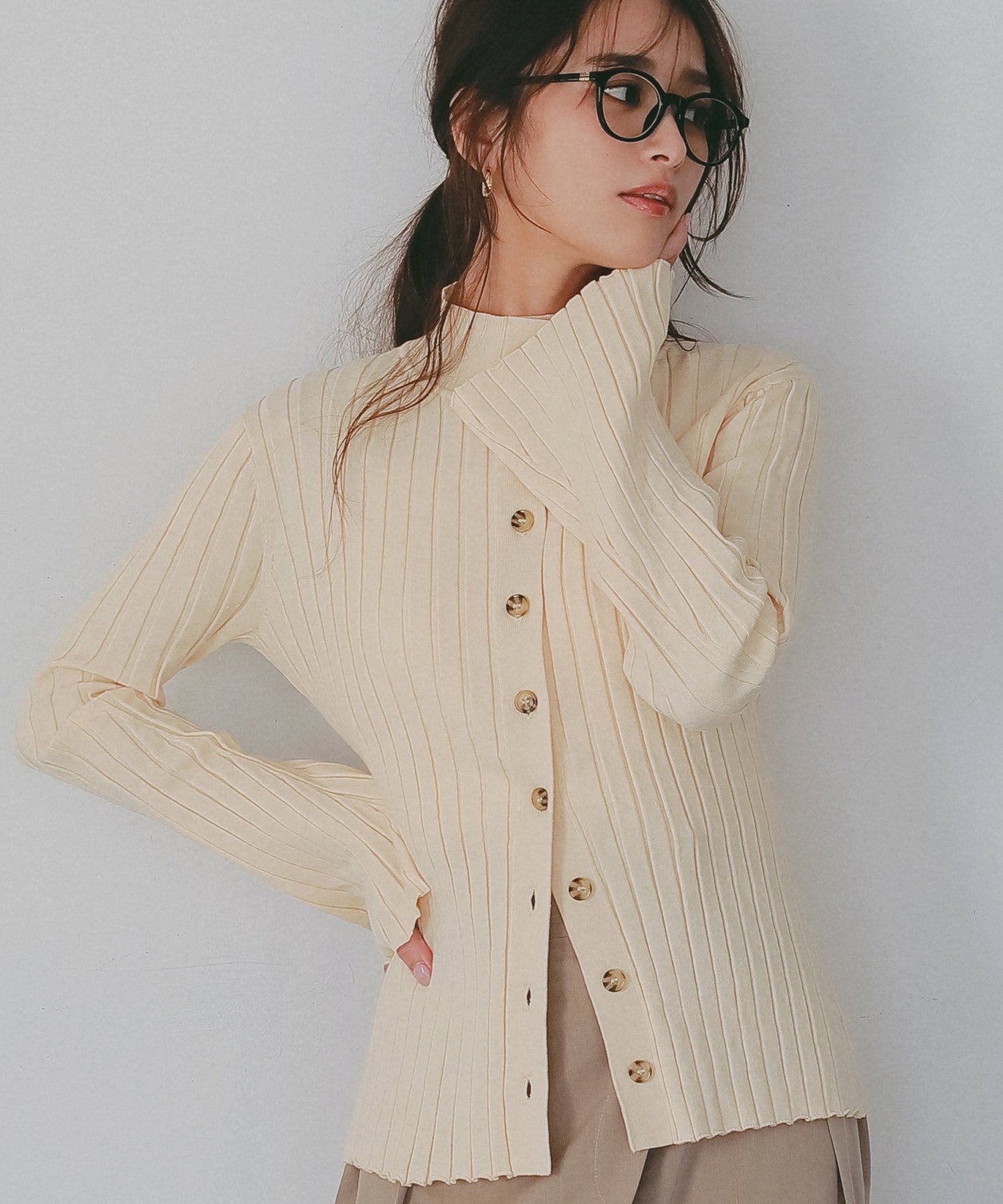 モックネック リブニットカーディガン