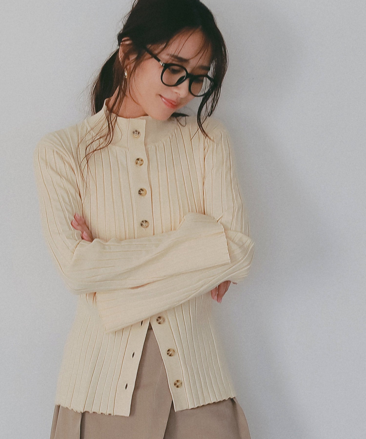 モックネック リブニットカーディガン