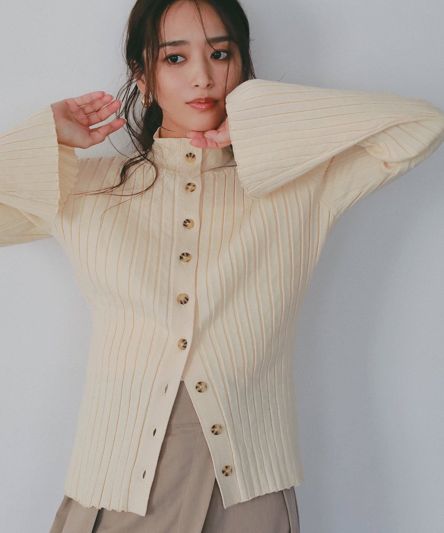 モックネック リブニットカーディガン