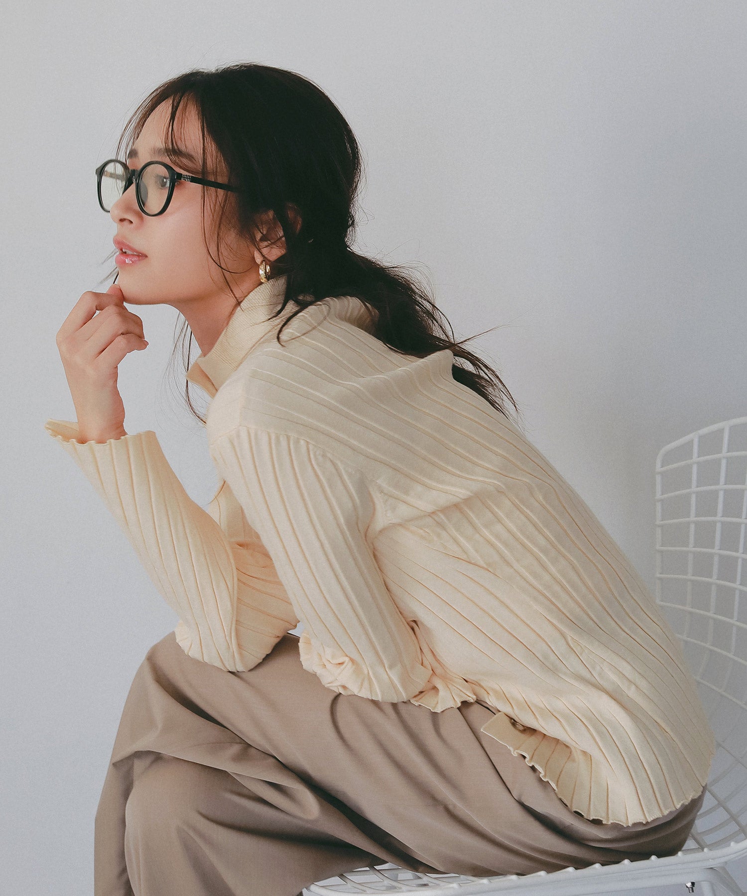 モックネック リブニットカーディガン