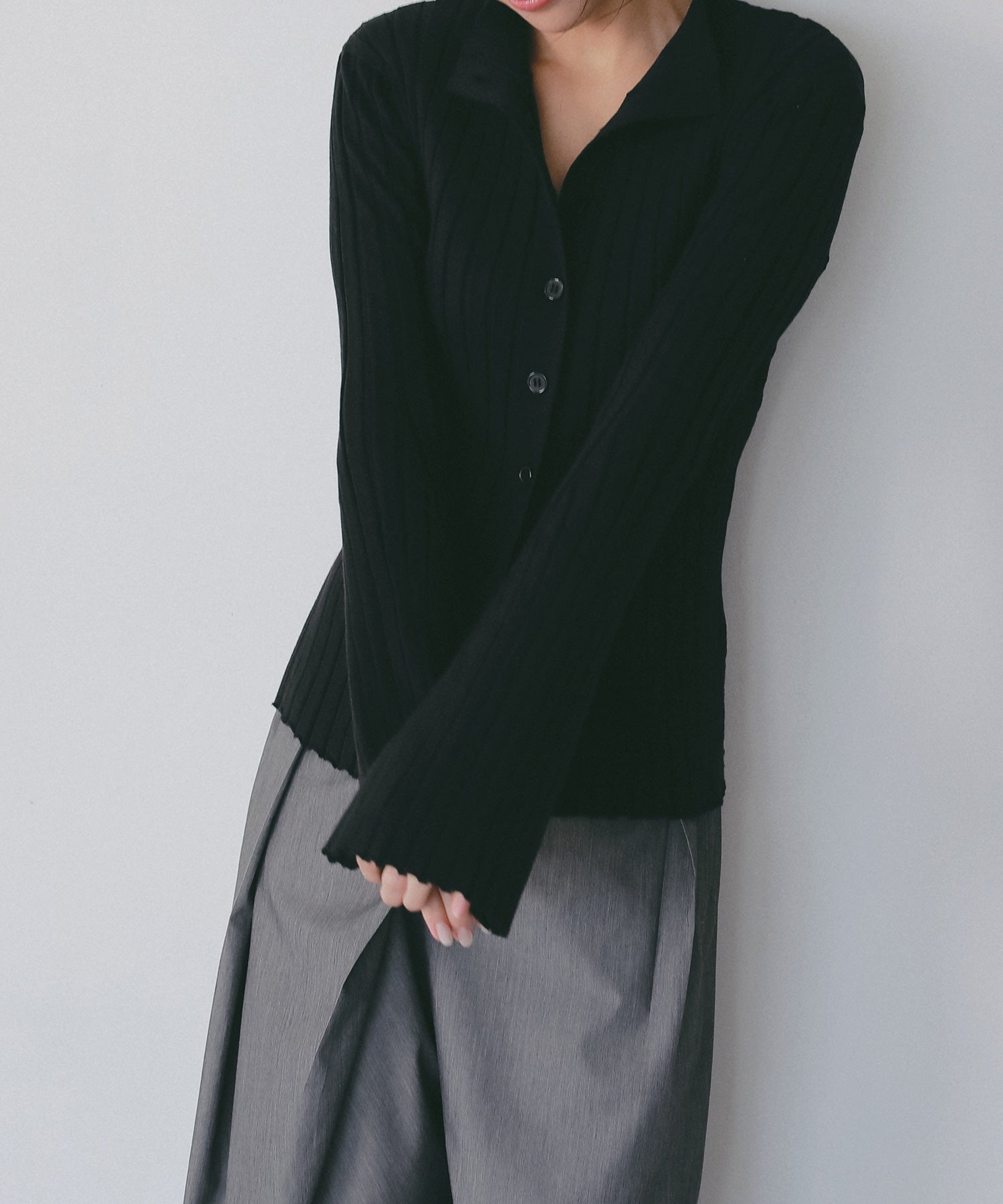 モックネック リブニットカーディガン