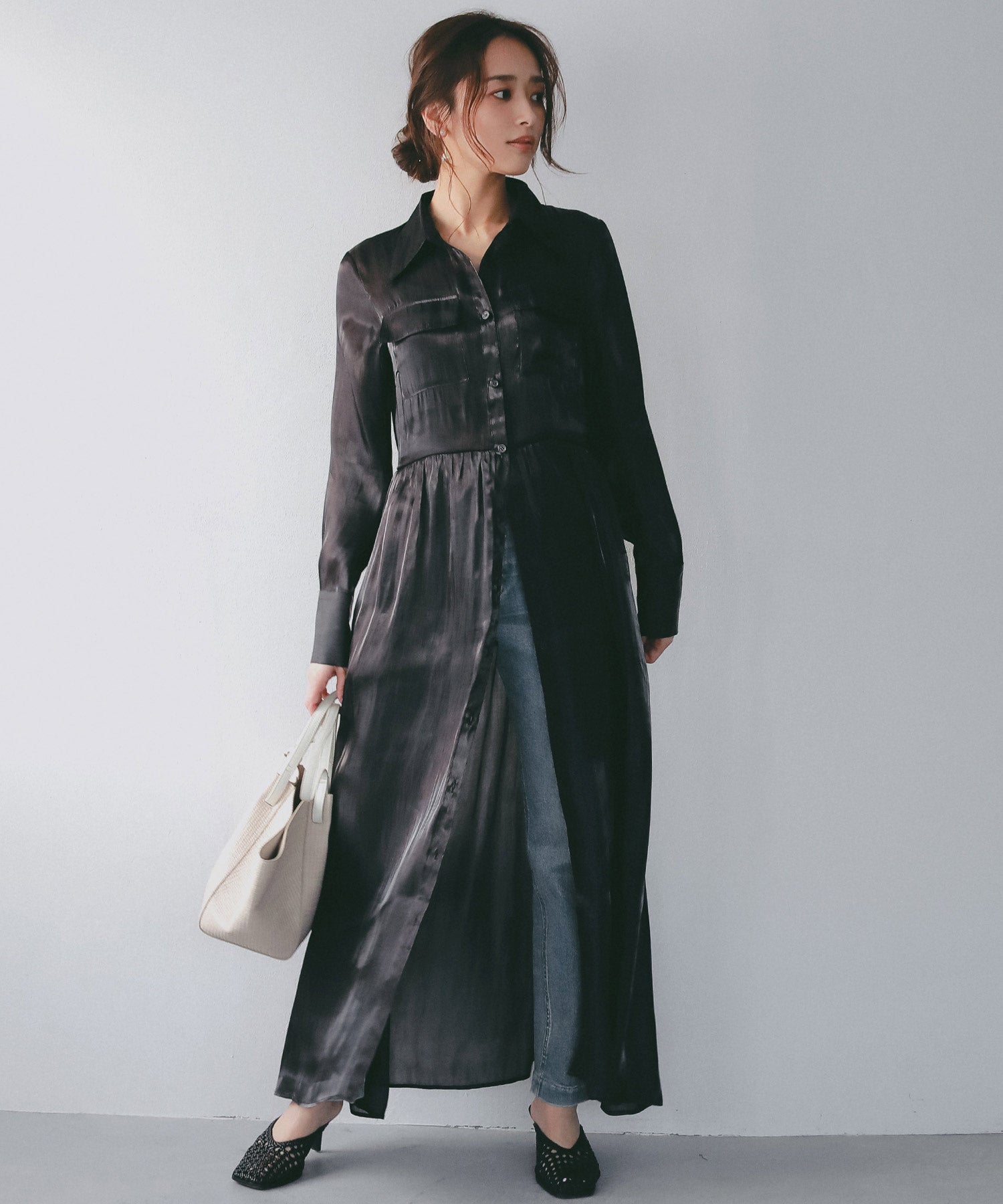 2WAY光沢シアーシャツワンピース