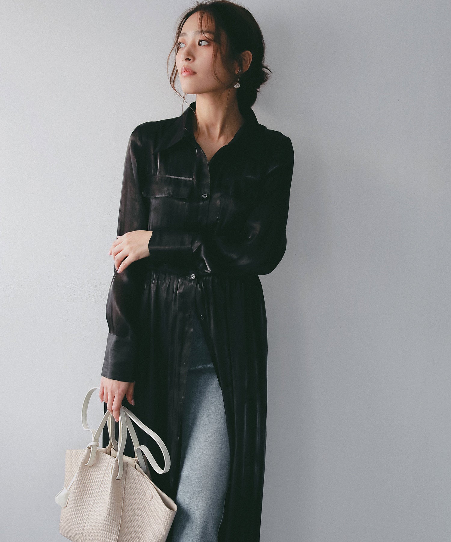 2WAY光沢シアーシャツワンピース