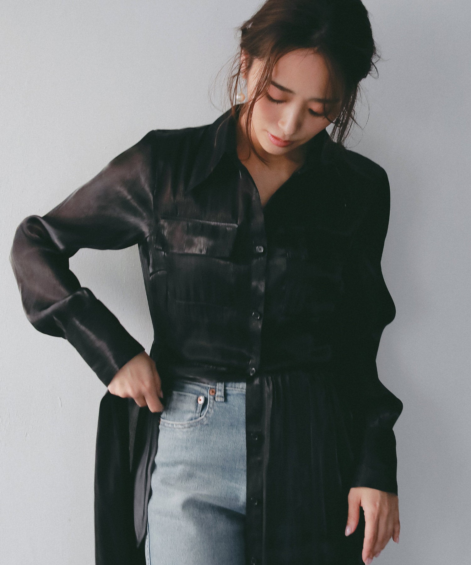 2WAY光沢シアーシャツワンピース